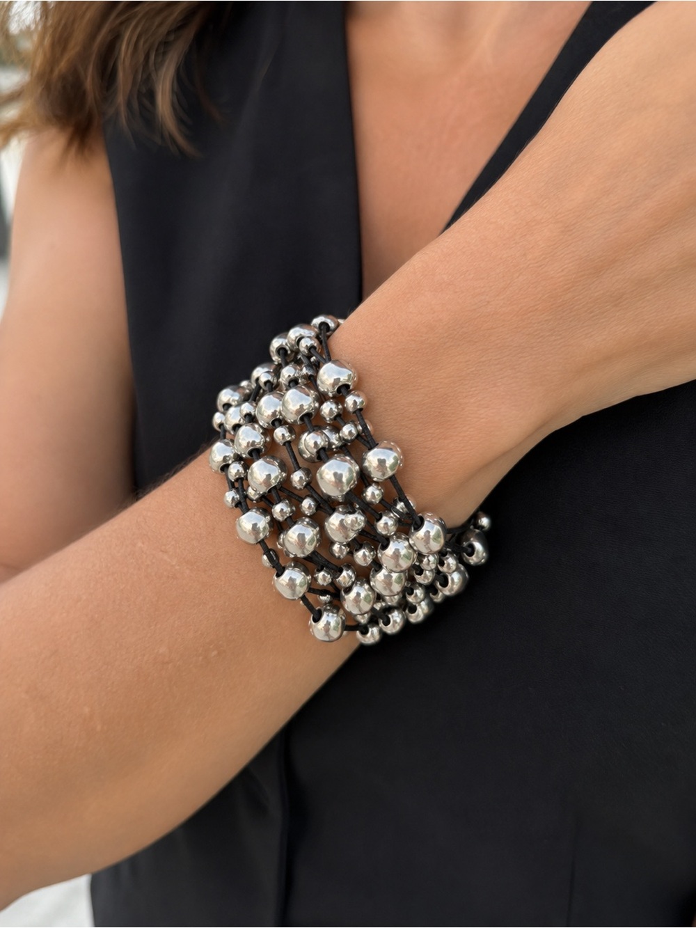 Uno de 50 Silver Plated Beaded Multi-Row Dark Brown Leather Bracelet